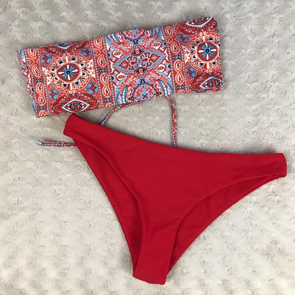 Other - Trendy Bandeau Bikini Set Red Blue Print M & L